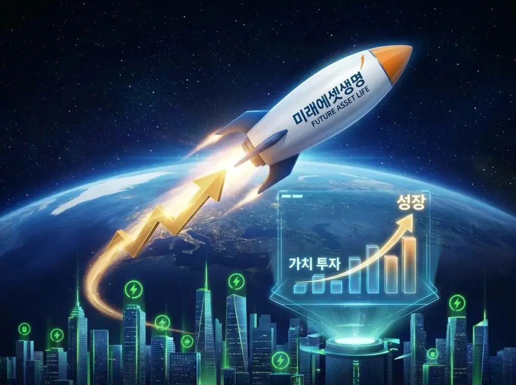 우주로 발사되는 로켓과 미래에셋생명의 투자 가치를 상징하는 이미지